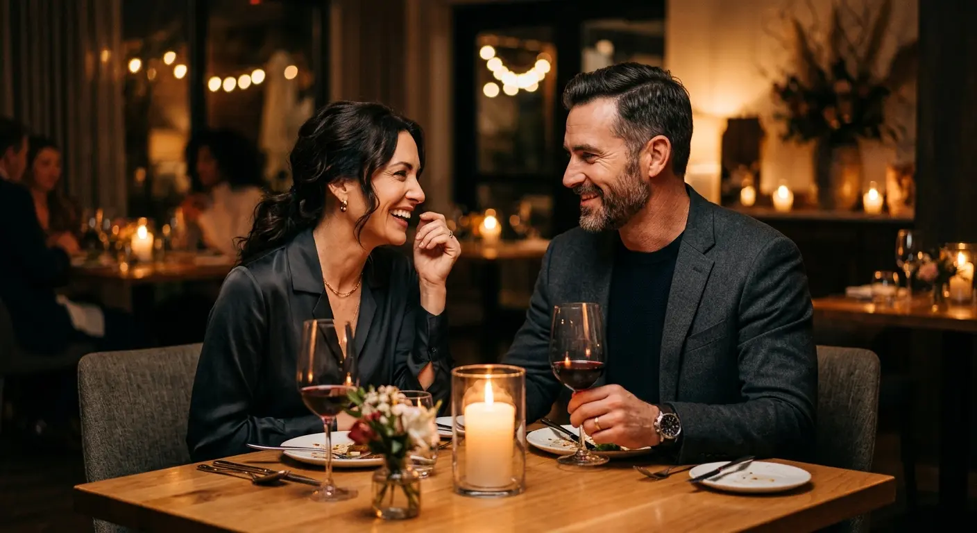 Couple in their forties laughing over a candlelit dinner