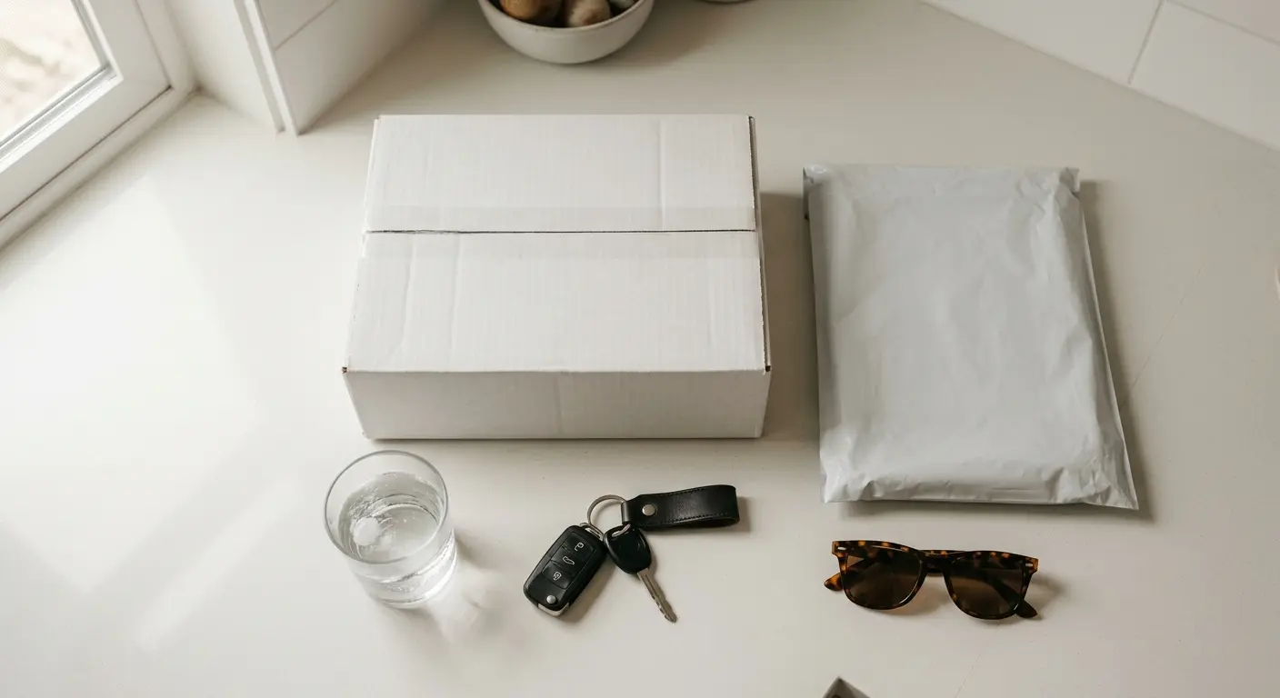 Plain unbranded delivery box on a kitchen counter beside car keys and sunglasses