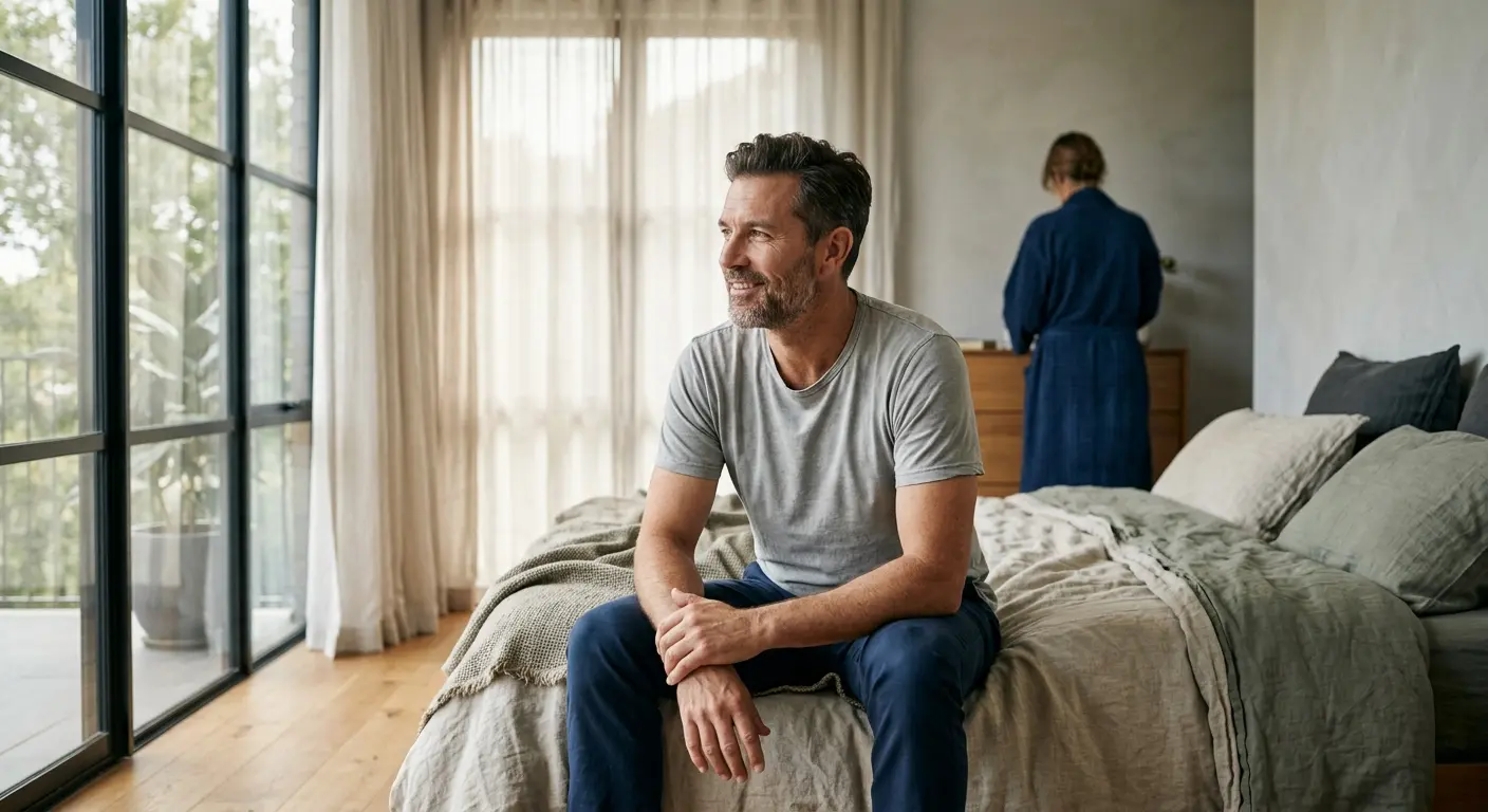 Man in his forties sitting relaxed on the edge of a bed in a sunlit bedroom