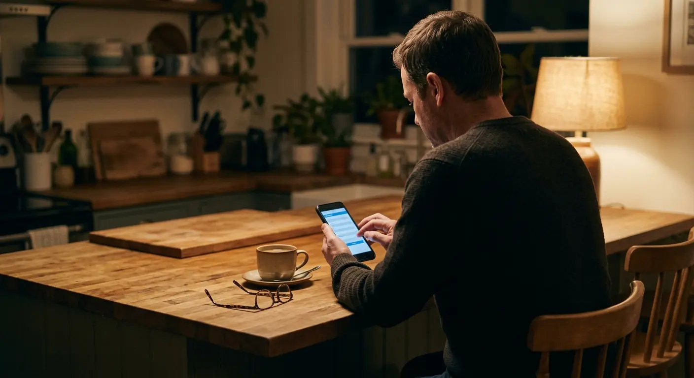 Man completing a private online health review on his phone at his kitchen counter