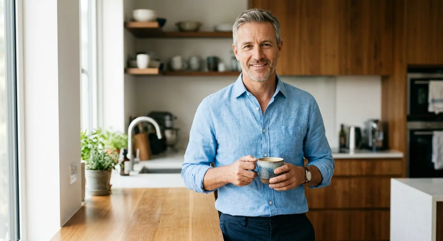 A confident man in his fifties in a bright kitchen holding a coffee mug