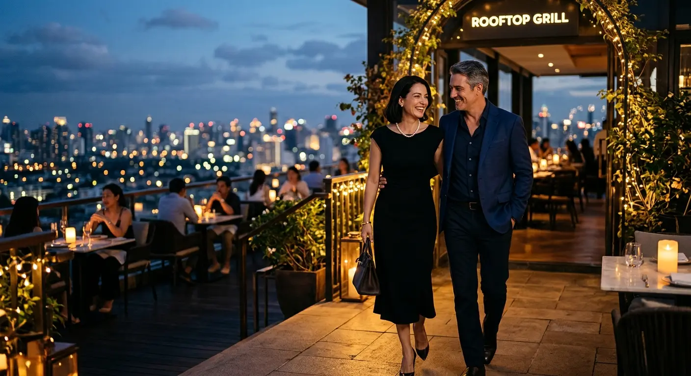 An elegantly dressed couple arriving at a candlelit rooftop restaurant at dusk