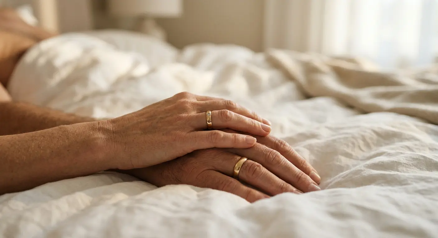 A couple's hands intertwined on white bedsheets in morning light