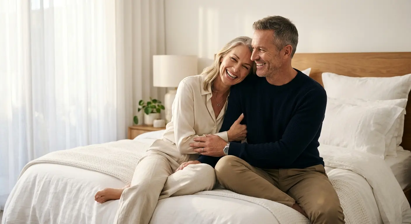 A couple in their late forties laughing together in a sunlit bedroom